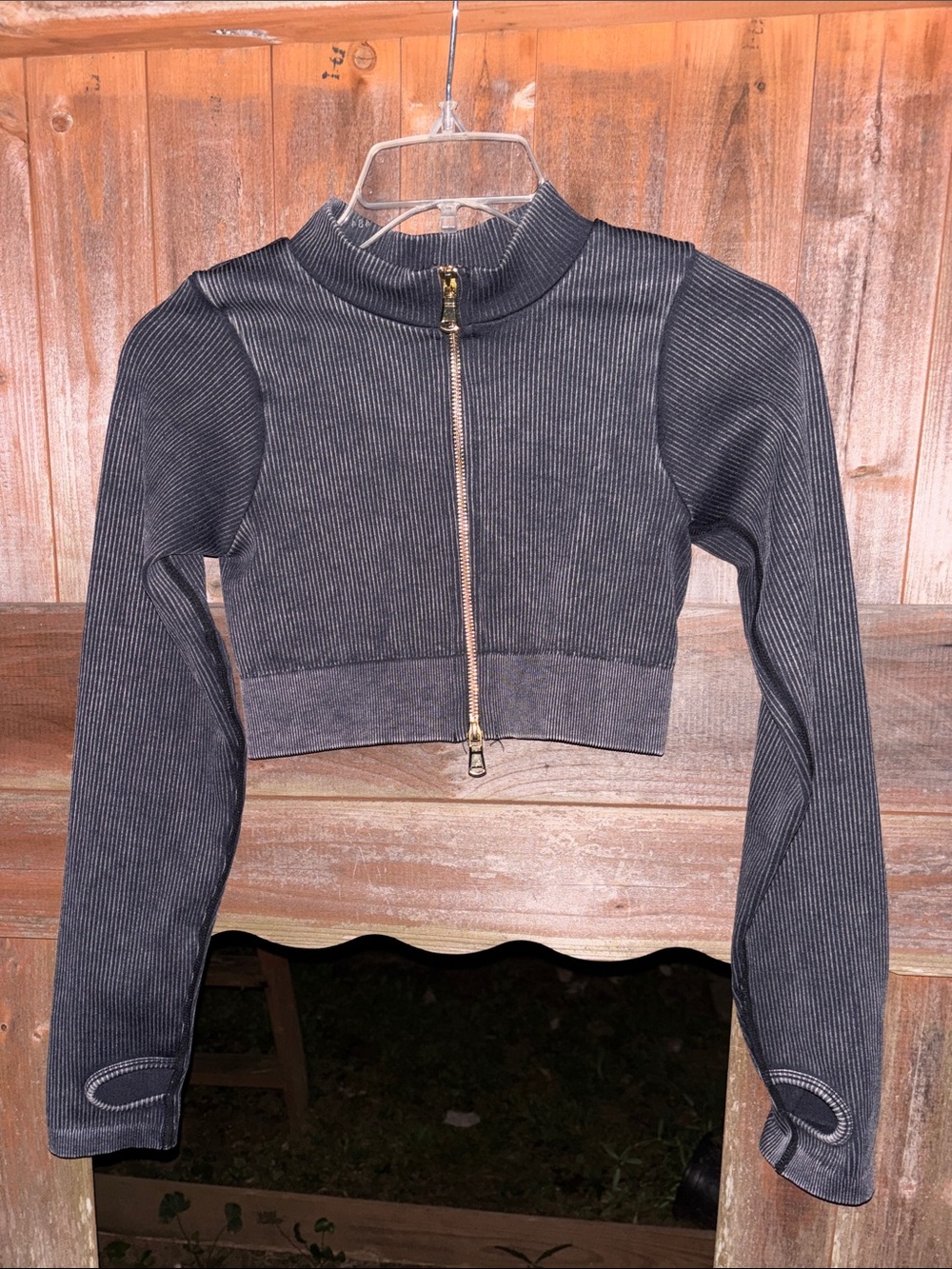 Daisy Black Ribbed Cropped Bomber Jacket with Gold Zip Small Size